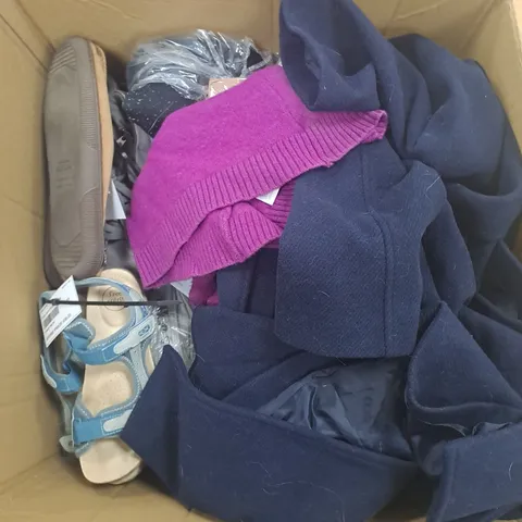 LARGE BOX OF APPROX 25 ASSORTED CLOTHING AND SHOE ITEMS IN VARIOUS SIZES, COLOURS AND STYLES - COLLECTION ONLY