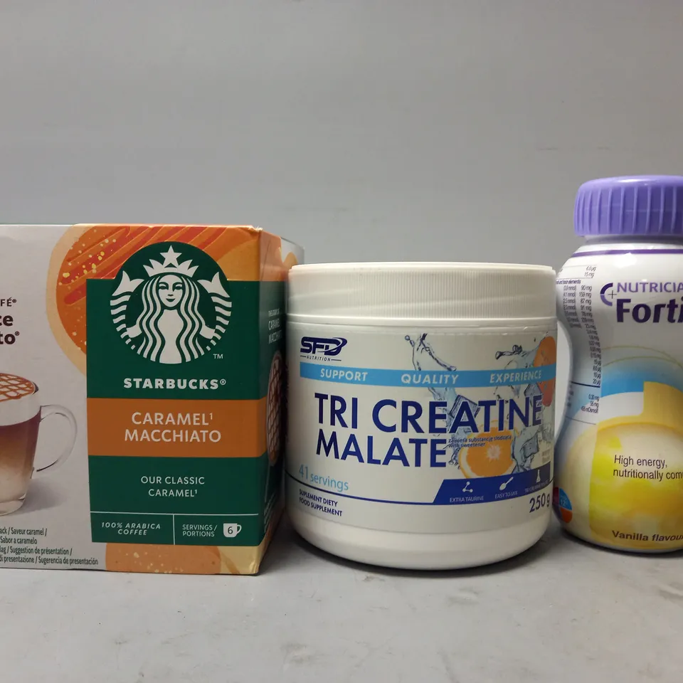 TOTE OF APPROX 8 ASSORTED FOOD ITEMS TO INCLUDE - NUTRICIA FORTISIP , STARBUCKS CARAMEL MACCHIATO , TRI CREATINE MALATE ETC