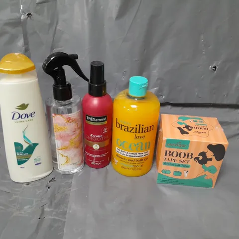 APPROXIMATELY 20 ASSORTED COSMETICS PRODUCTS TO INCLUDE - DOVE SHAMPOO - TRESEMME HEAT PROTECTION SPRAY - BOOB SET TAPE - ETC