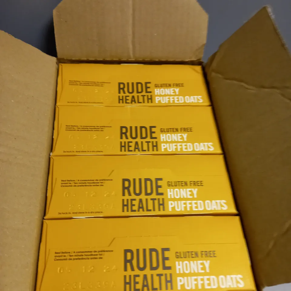 LOT OF 4 RUDE HEALTH GLUTEN FREE HONEY PUFFED OATS 240G PER BOX