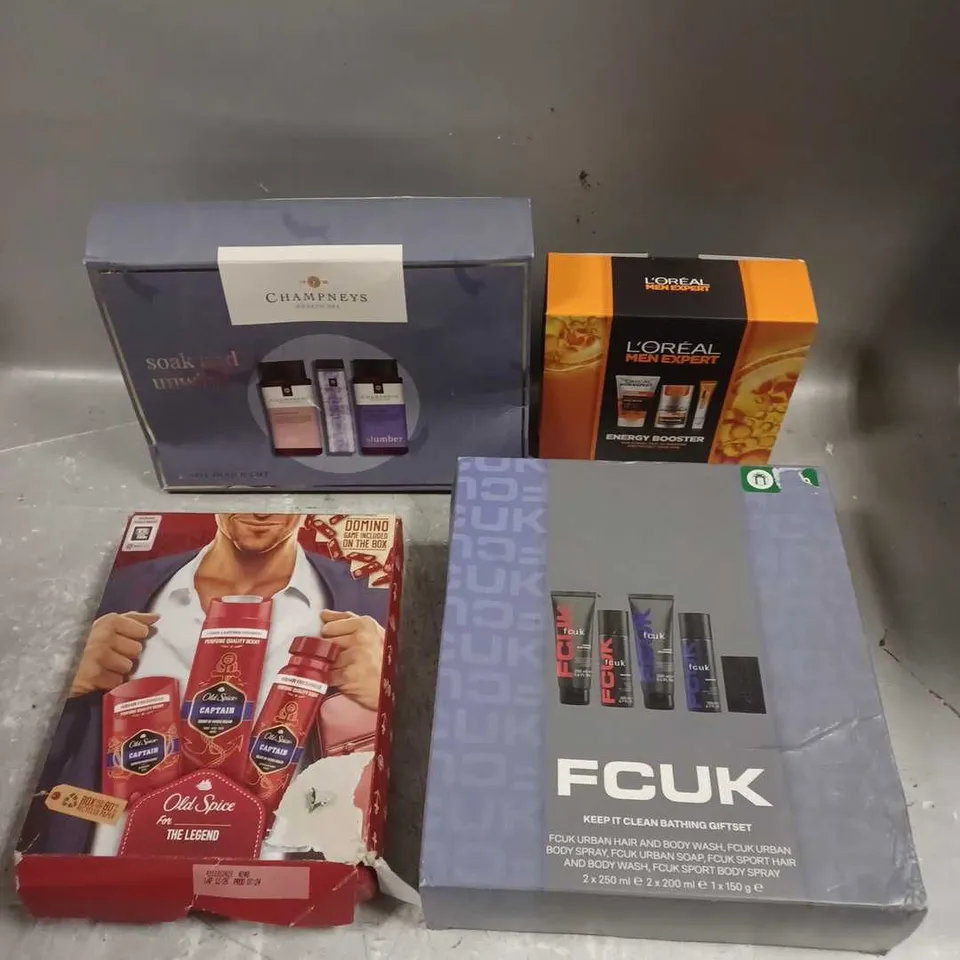 LOT OF 4 ASSORTED COSMETIC BOXSETS TO INCLUDE - OLD SPICE TRIO - L'OREAL MEN EXPERT ENERGY BOOSTER TRIO - FCUK BATHING GIFT SET - ETC