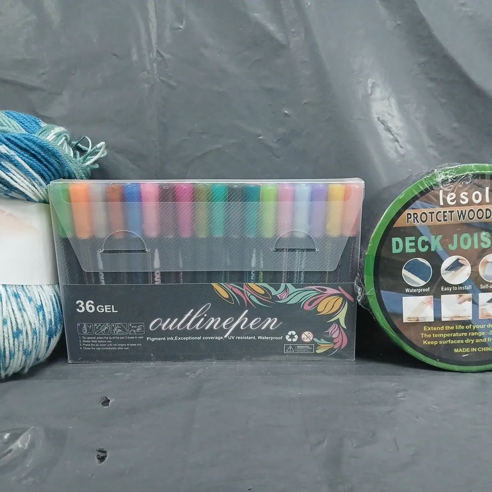 APPROXIMATELY 10 ASSORTED HOUSEHOLD ITEMS TO INCLUDE DECK JOIST TAPE, COLOURED GEL PENS, KNITTING YARN, ETC