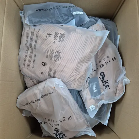 LARGE BOX OF ASSORTED CLOTHING ITEMS IN VARIOUS COLOURS, STYLES AND SIZES