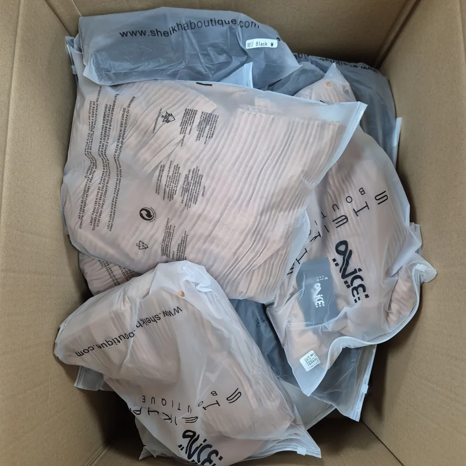 LARGE BOX OF ASSORTED CLOTHING ITEMS IN VARIOUS COLOURS, STYLES AND SIZES