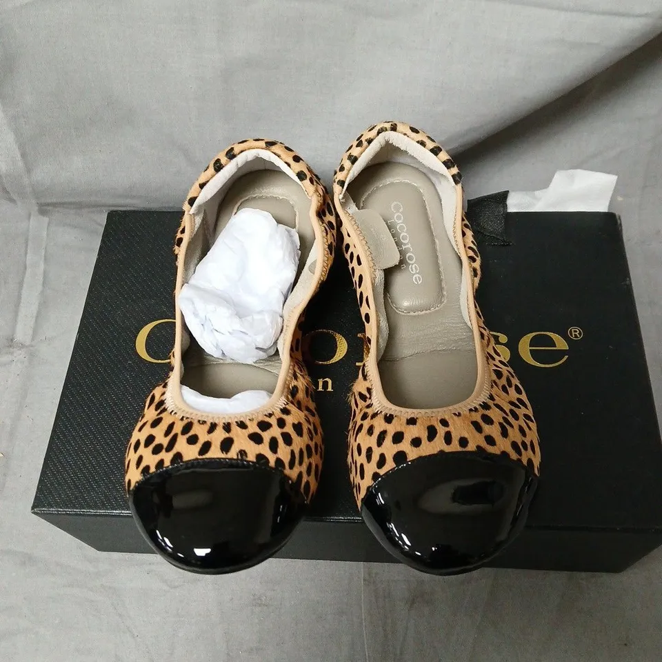 COCOROSE LONDON LEOPARD PRINT BALLET FLATS – UK 4 (EU 37) WITH BLACK PATENT TOE