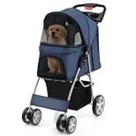 BOXED COSTWAY FOLDABLE 4-WHEEL PET STROLLER WITH STORAGE BASKET - NAVY (1 BOX)