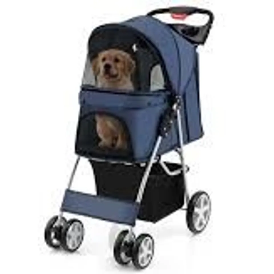 BOXED COSTWAY FOLDABLE 4-WHEEL PET STROLLER WITH STORAGE BASKET - NAVY (1 BOX)