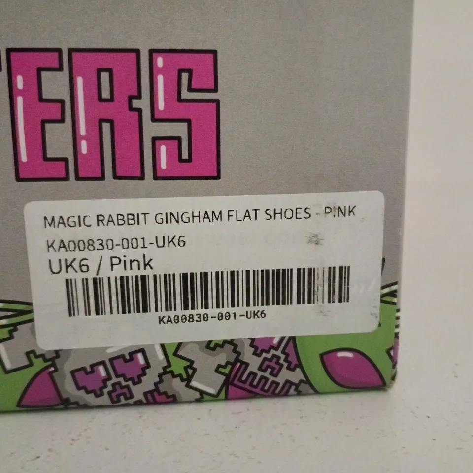 BOXED PAIR OF KOI MAGIC RABBIT GINGHAM FLAT SHOES – PINK, UK SIZE 6