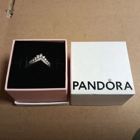 BOXED PANDORA STERLING SILVER RING WITH CLEAR STONES