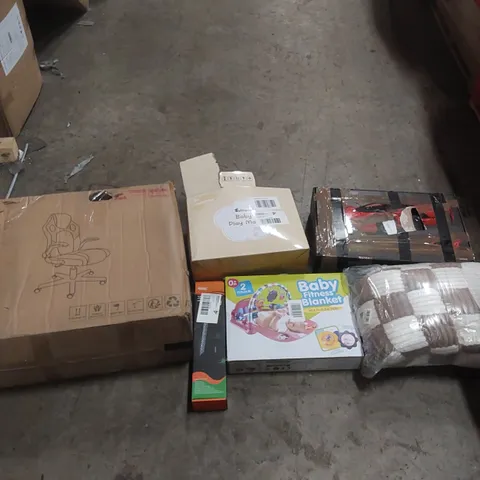 PALLET OF ASSORTED ITEMS INCLUDING: OFFICE CHAIR, BABY FITNESS BLANKET, BABY PLAY MAT, LED AQUARIUM LIGHT, BLANKET, TOY CAR MODEL ECT