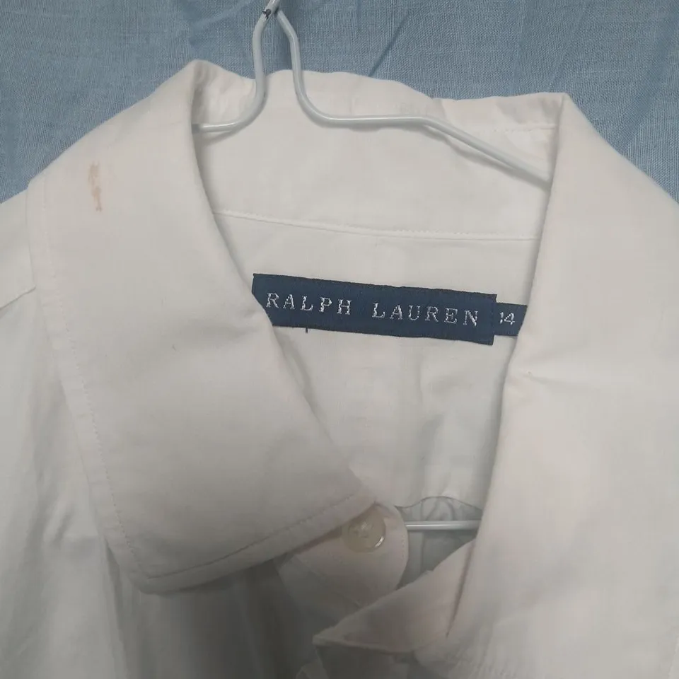 RALPH LAUREN WHITE SHIRT –, SIZE UK 14 (NECK 14) WITH CREST EMBROIDERY