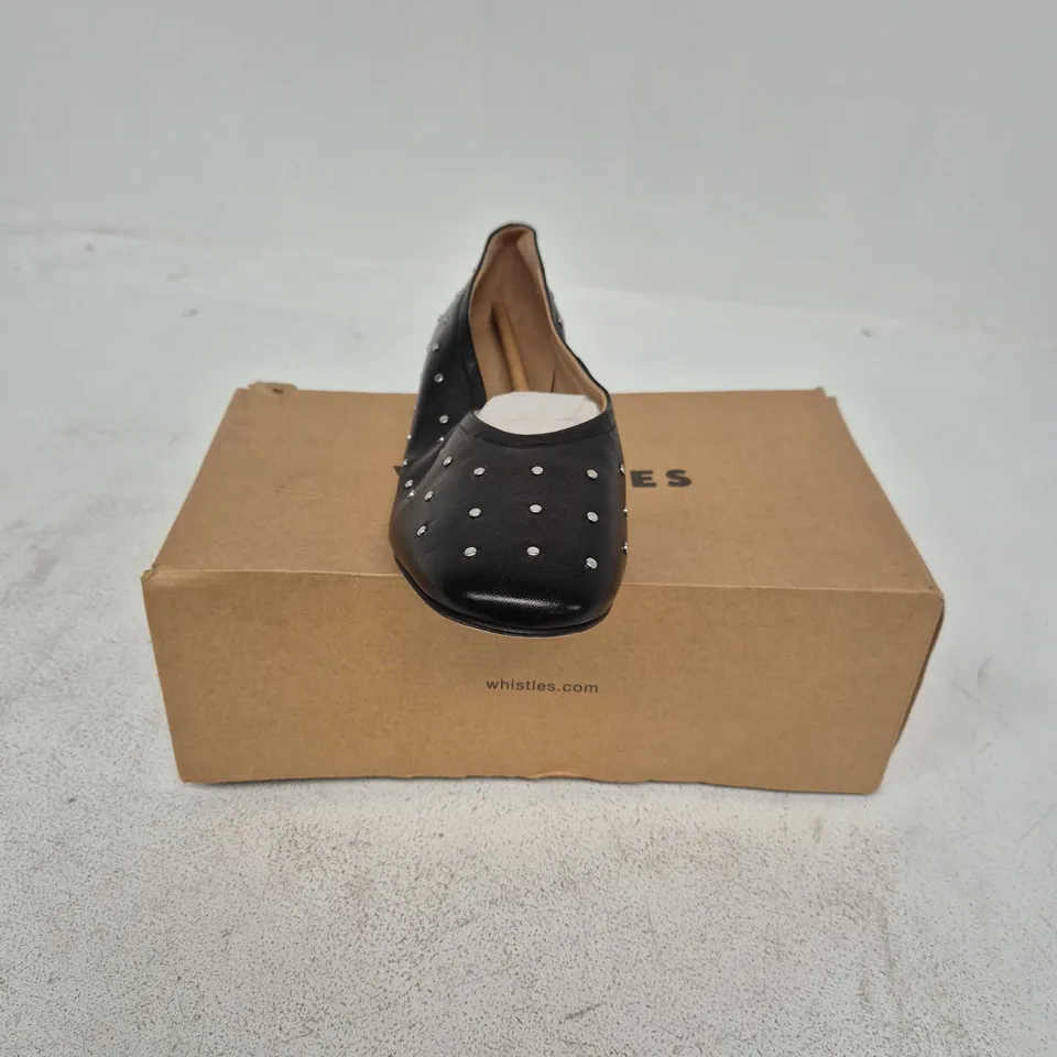 BOXED PAIR OF WHISTLES KARINA STUDDED BALLET PUMPS IN BLACK - UK 6