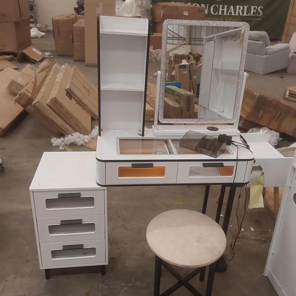 DRESSING TABLE WITH HUMAN SENSOR RGB LIGHTS, TEMPERED GLASS TOP, QUICK-CHARGING STATION AND STOOL