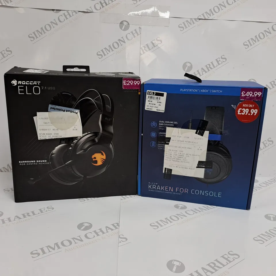 APPROXIMATELY 10 ASSORTED PRODUCTS TO INCLUDE RAZER KRAKEN WIRED CONSOLE GAMING HEADSET AND ROCCAT RGB GAMING HEADSET 
