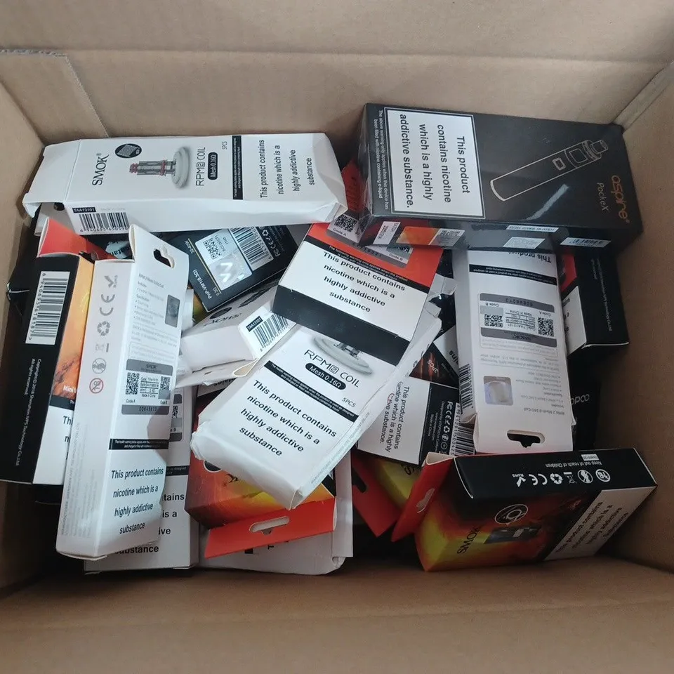 BOX OF APPROX 15 VAPE ACCESSORIES TO INCLUDE - ASPIRE POCKEX VAPE KIT - SMOK MINI V2 S2 - VOOPOO PNP-VM1 ECT