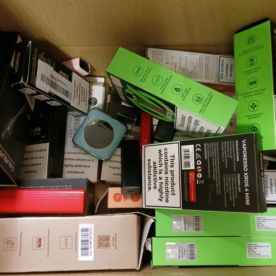 BOX OF APPROXIMATELY 22 ASSORTED E-CIGARETTES TO INCLUDE - VAPORESSO, VOOPOO , SMOK ETC