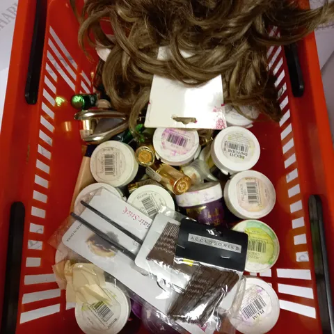 APPROXIMATELY 30 ASSORTED BEAUTY PRODUCTS TO INCLUDE MAKE-UP, HAIR ACCESSORIES, WIG ETC