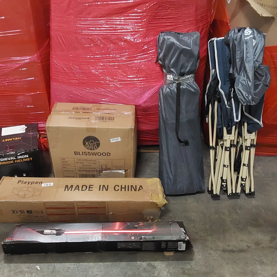 PALLET OF ASSORTED CONSUMER PRODUCTS TO INCLUDE: FOLDING CAMPING BEDS, OFFICE CHAIR, PLAYPEN, FORCE FX ELITE LIGHTSABER, MEDIEVAL WARRIOR STYLE HELMET ECT