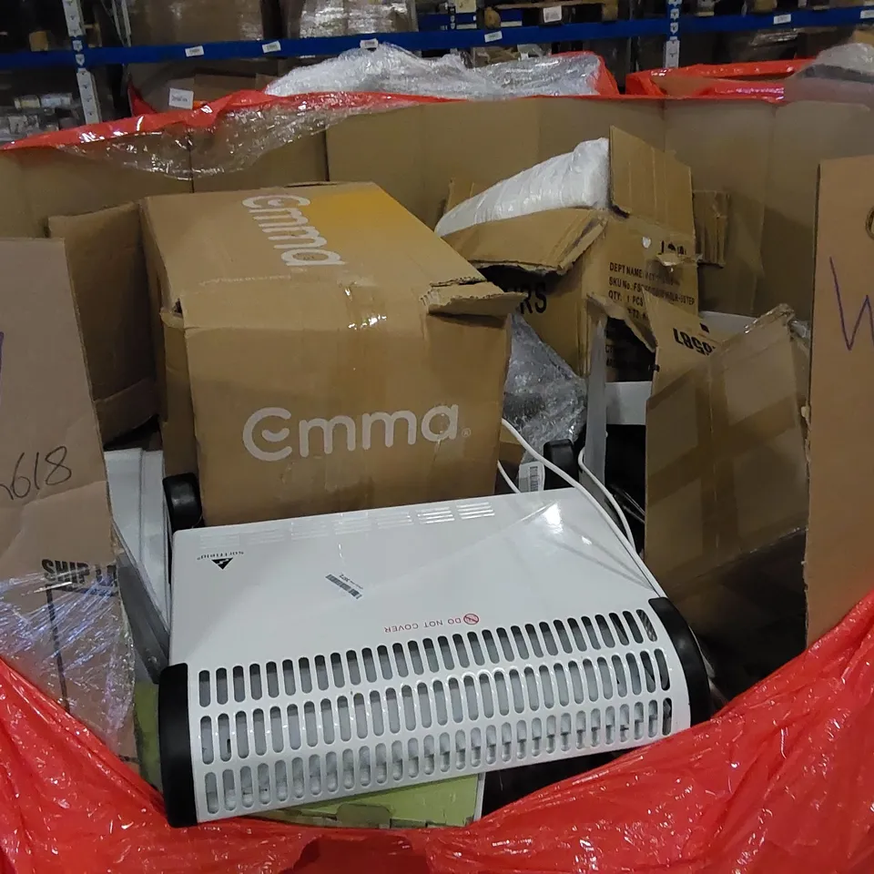 PALLET TO CONTAIN ASSORTED HOUSEHOLD ITEMS AND CONSUMER PRODUCTS. INCLUDING HEATER, HEATED UNDER BLANKET, BOXED FURNITURE ETC
