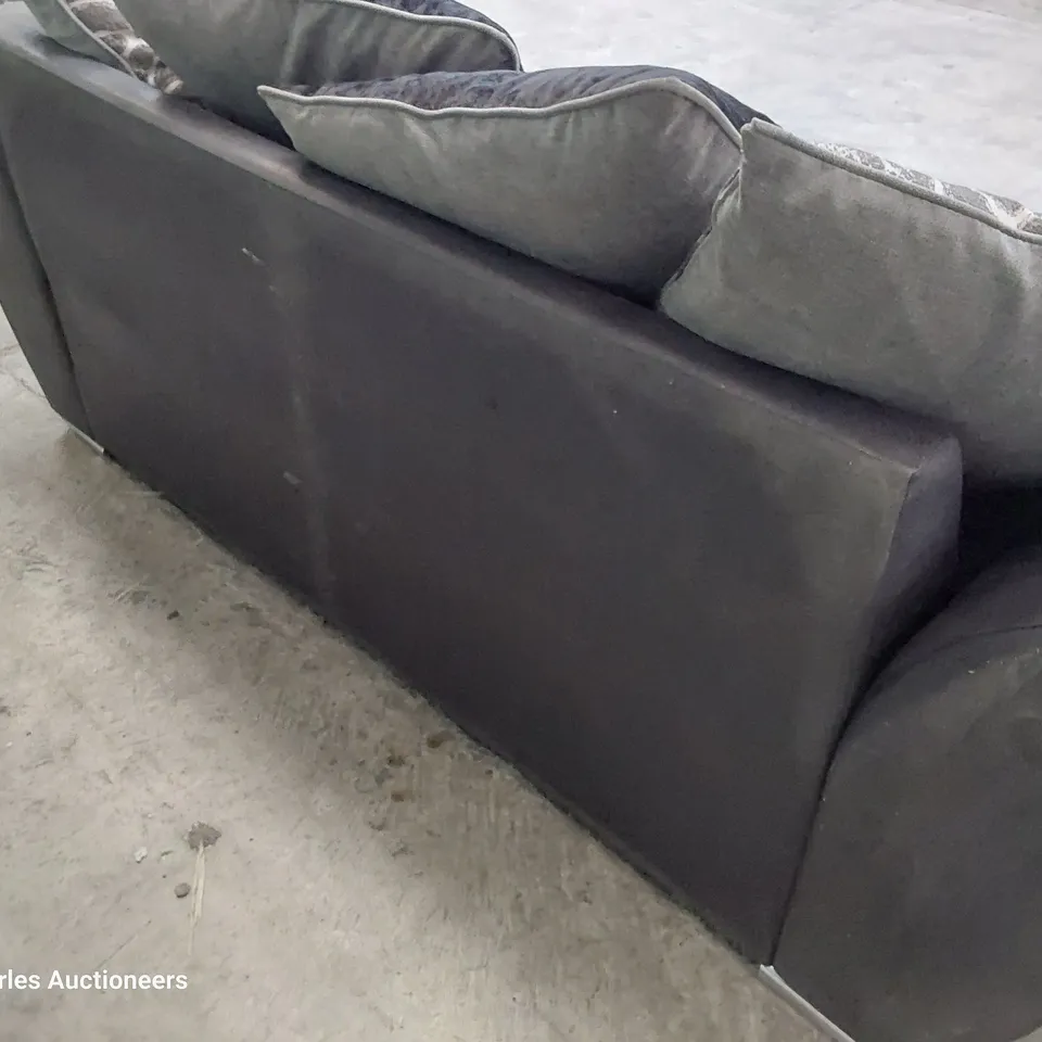 DESIGNER METAL ACTION SOFA BED WITH SCATTER CUSHIONS BLACK FAUX LEATHER & GREY FABRIC 