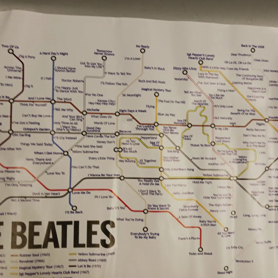 BOX OF APPROXIMATELY 10 ASSORTED ART PRINTS OF VARIOUS STYLES TO INCLUDE THYE BEATLES ALBUM TRAIN MAP, THE MAYFAIR NIRVANA 1991 POSTER, ETC