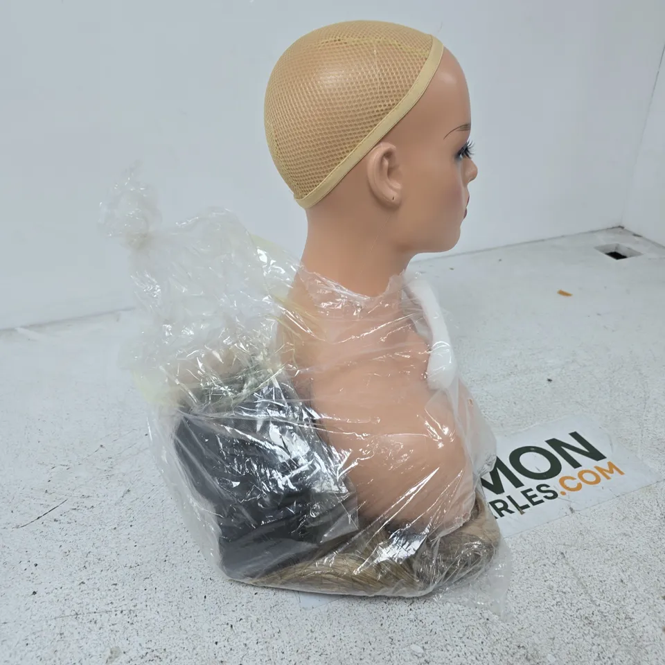 MANNEQUIN HEAD BUST WITH MAKEUP AND BEIGE WIG CAP