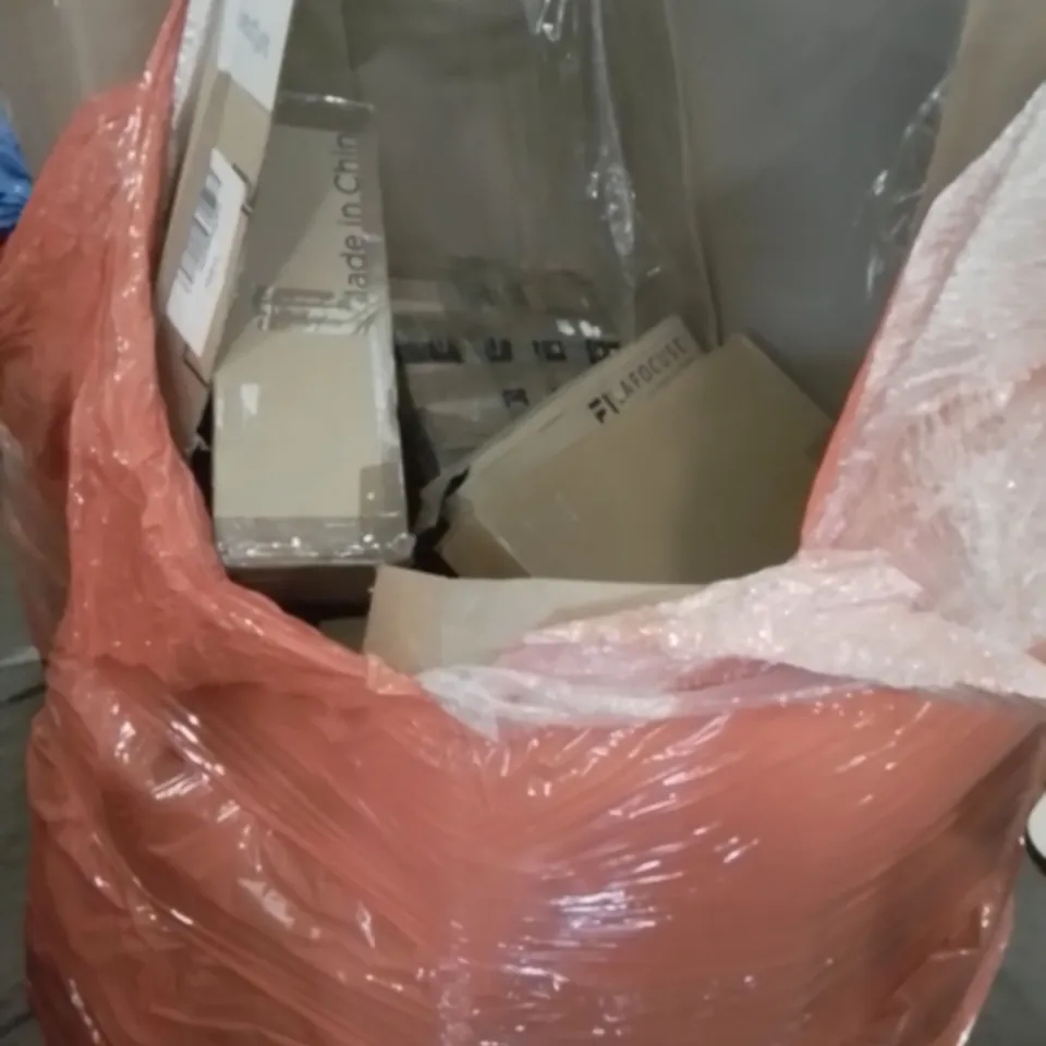 PALLET OF ASSORTED ITEMS TO INCLUDE, 52" CEILING FAN, PARASOL, PARASOL BASE, OCCASIONAL TABLE, SHELVES.