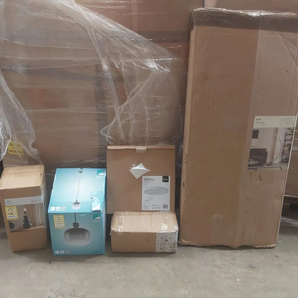 PALLET CONTAINING A VERY LARGE QUANTITY OF ASSORTED DESIGNER LIGHTING PRODUCTS INCLUDING: QUINLAN ARC FLOOR LAMP, BATHROOM LIGHT, LOGAN CEILING LIGHT, TABLE LAMP BASE ECT