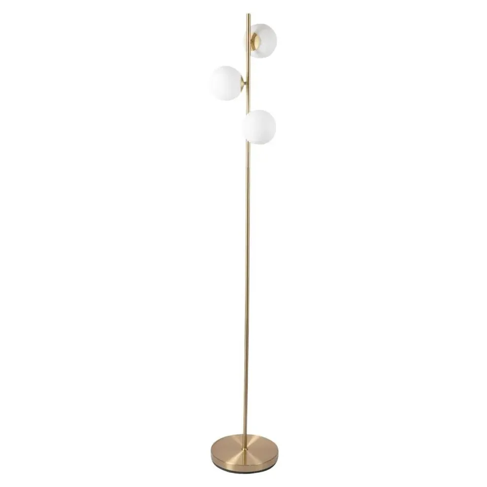BOXED FIRST CHOICE LIGHTING SATIN BRASS FLOOR LAMPS WITH 3 OPAL GLOBE SHADES