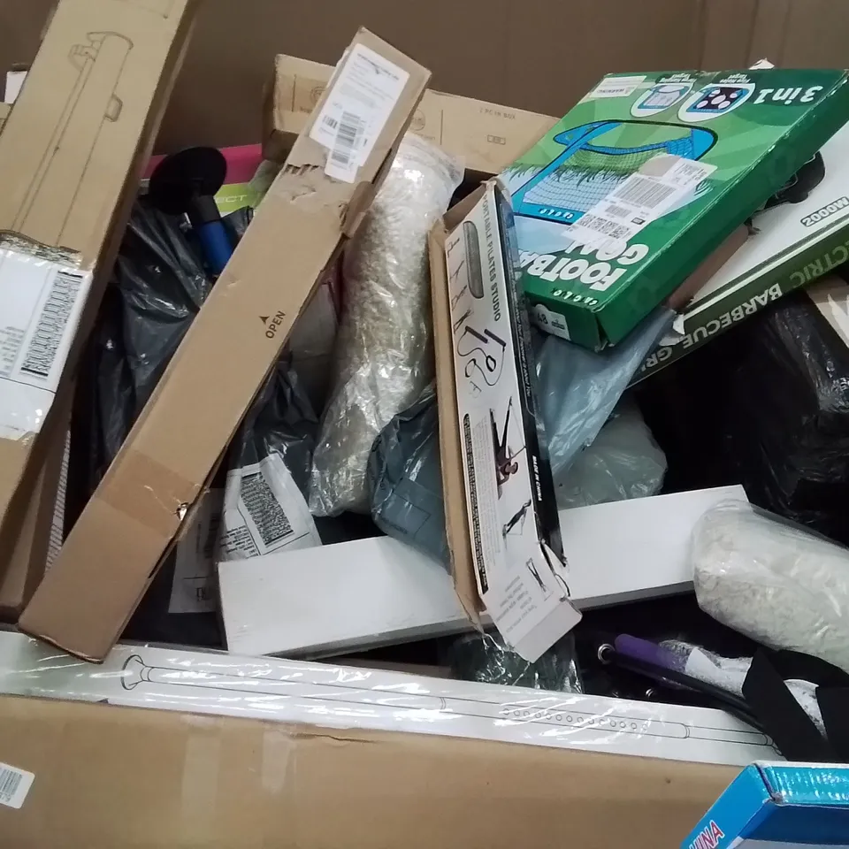 PALLET OF ASSORTED HOUSEHOLD GOODS AND PRODUCTS TO INCLUDE;UNDER DESK ELECTRIC ELLIPTICAL TRAINER,BASKETBALL HOOP,SHOWER SET,DESK FOR BED