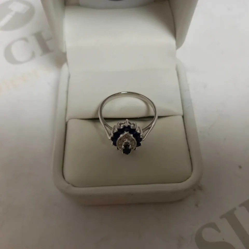 DESIGNER 9CT WHITE GOLD SAPPHIRE AND DIAMOND CLUSTER RING