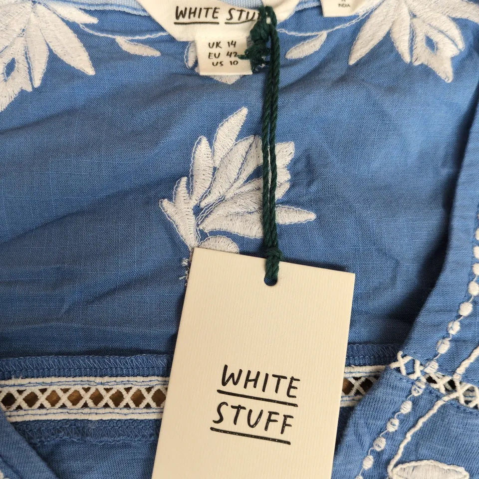 WHITE STUFF BLUE EMBROIDERED ORGANIC COTTON TOP – UK 14