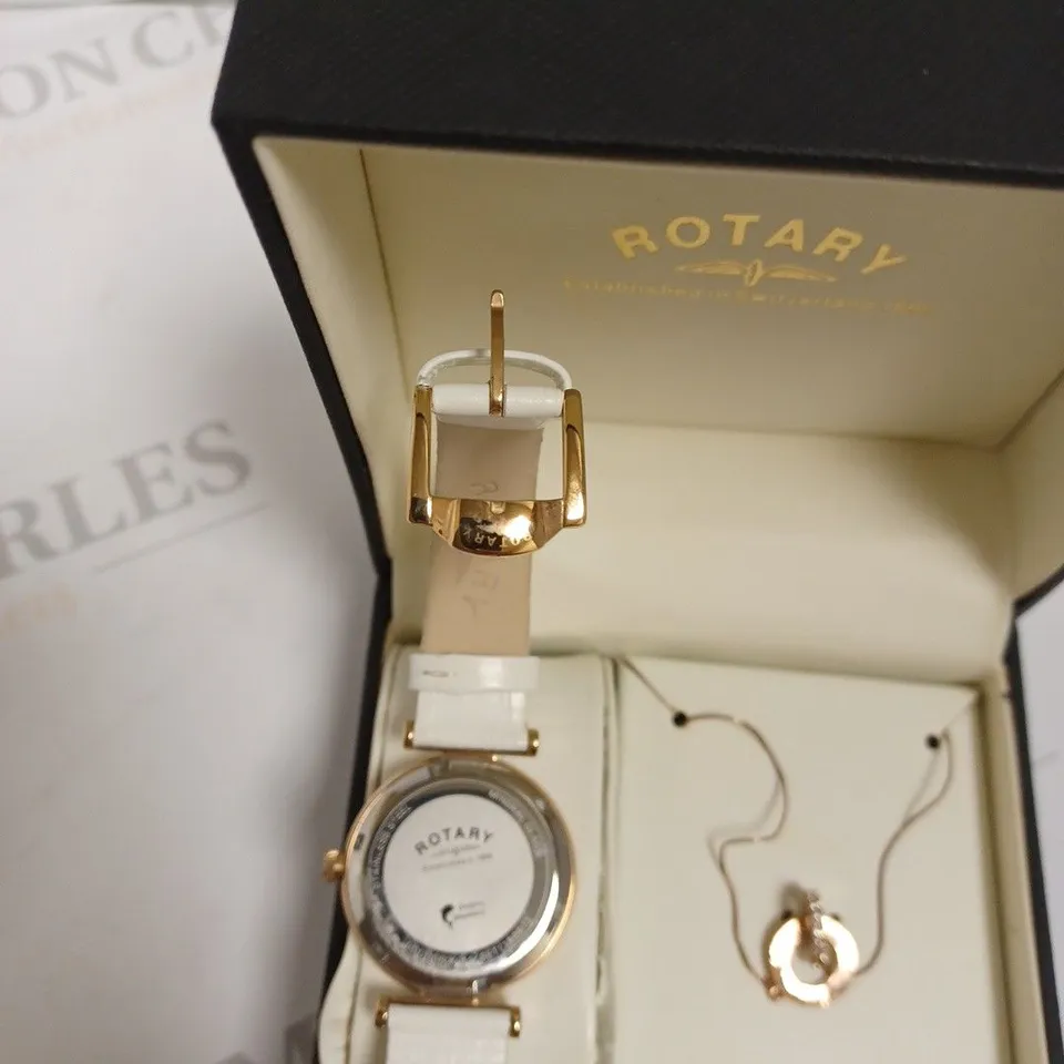 BOXED ROTARY LADIES WHITE & ROSE GOLD DIAL WATCH WITH NECKLACE AND EARRINGS - ROSE GOLD