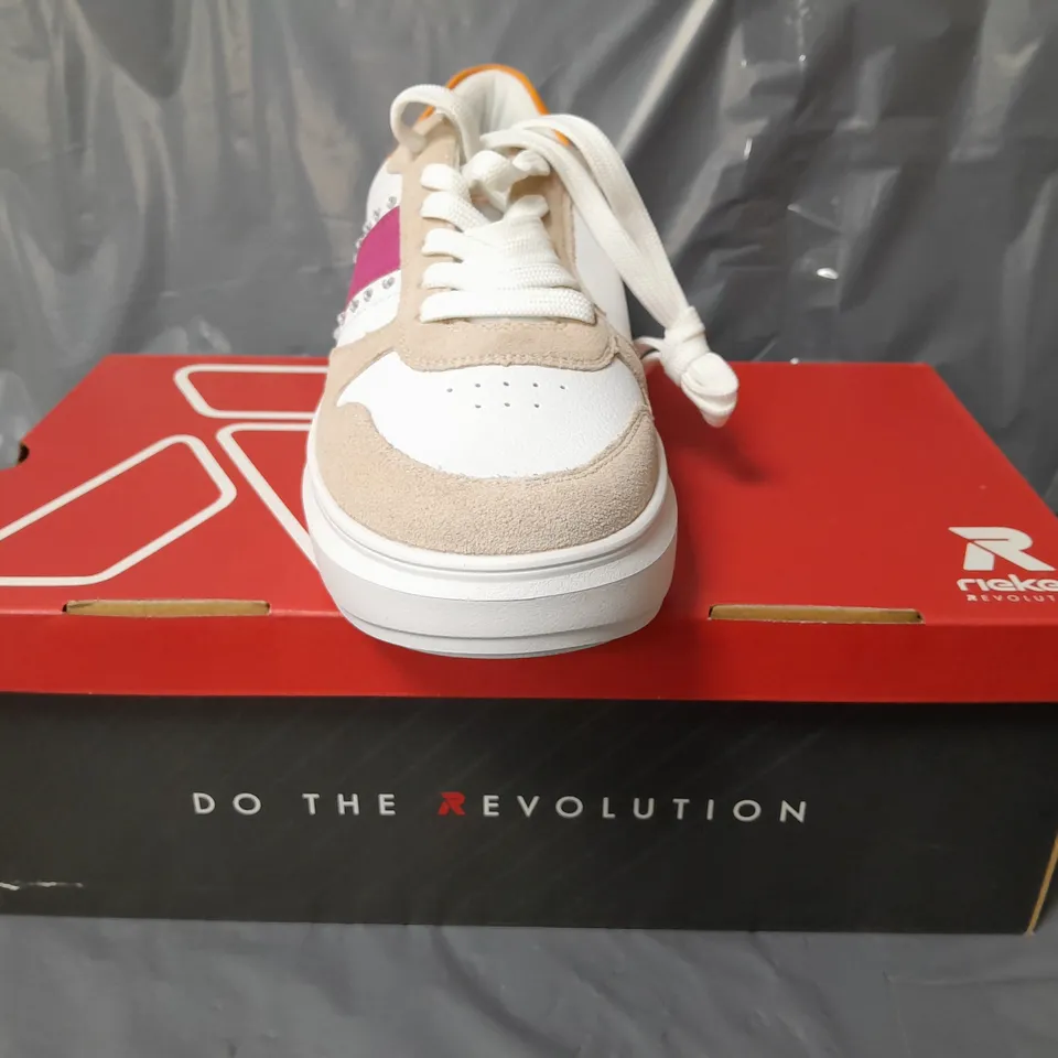 BOXED PAIR OF RIEKER REVOLUTION TRAINERS IN WHITE/PURPLE/SAND/ORANGE W. JEWEL EFFECT SIZE 6