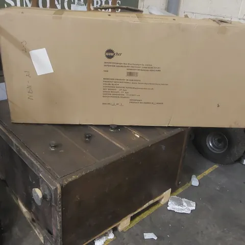 PALLET CONTAINING ANTIQUE TWO OVER FOUR DARK WOOD CHEST OF DRAWERS WITH BUN HANDLES,  BOXED INCOMPLETE GARDEN SOFA PART