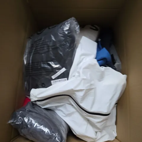 LARGE BOX OF ASSORTED CLOTHING ITEMS IN VARIOUS SIZES, STYLES AND COLOUR 