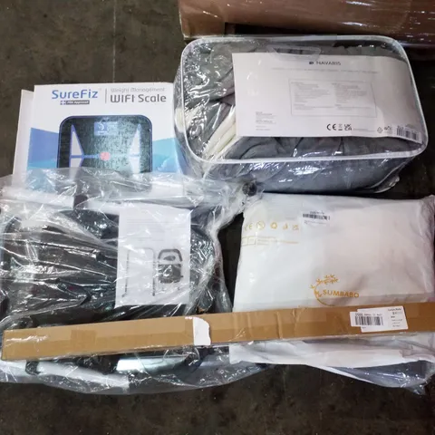 PALLET CONTAINING ASSORTED PRODUCTS INCLUDING ELECTRIC HEATING BLANKET, TOY STORAGE, CURTAIN ROD, BED RAIL, WIFI SCALE