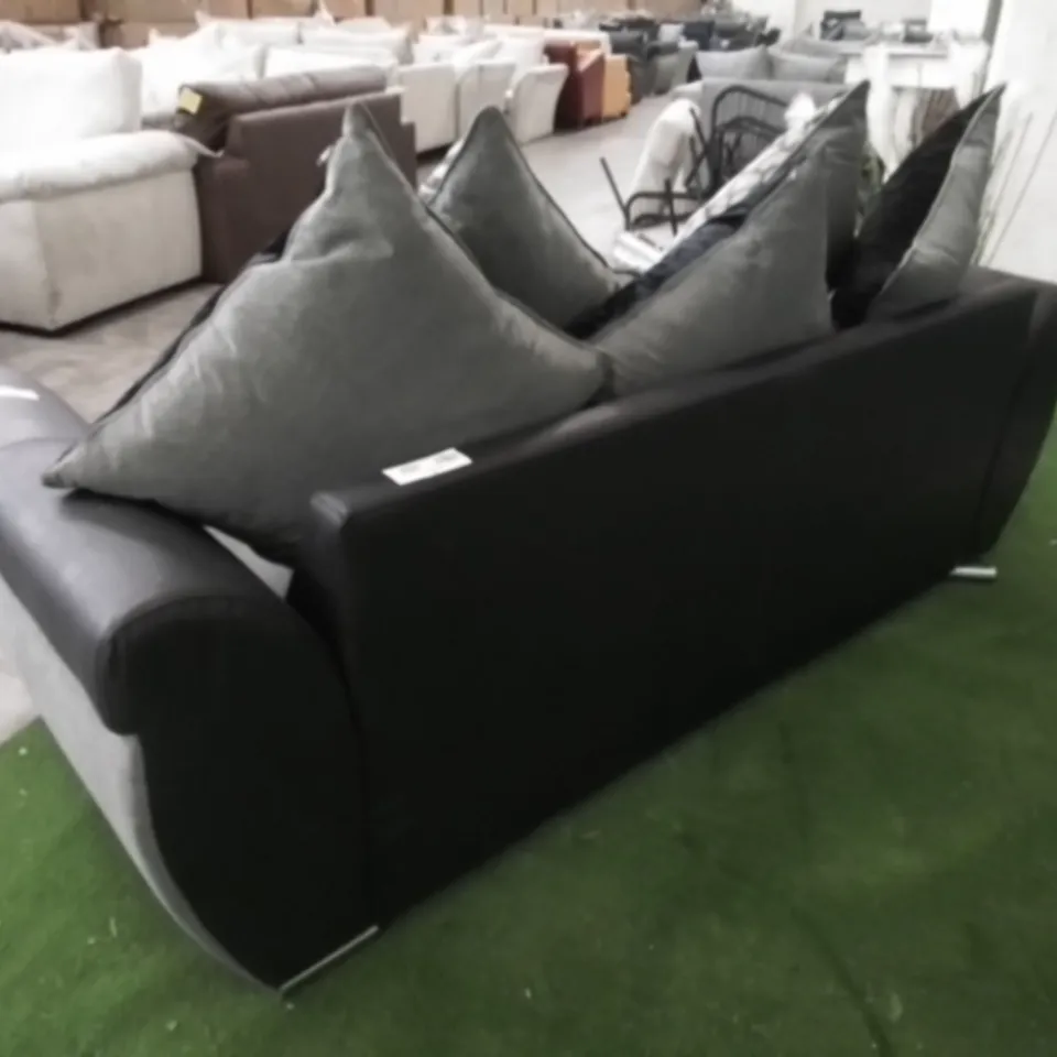 DESIGNER HILTON GREY AND BLACK FABRIC THREE SEATER SOFA ON METAL BAR FEET WITH SCATTER BACK CUSHIONS 