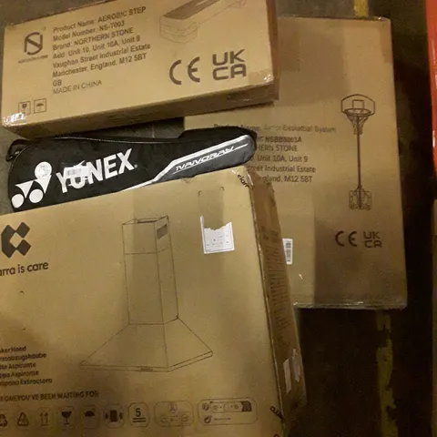 PALLET OF ASSORTED PRODUCTS INCLUDING BASKETBALL SYSTEM, AEROBIC STEP, BADMINTON RACKET, COOKER HOOD, TV WALL MOUNT, FORTNITE NERF GUN