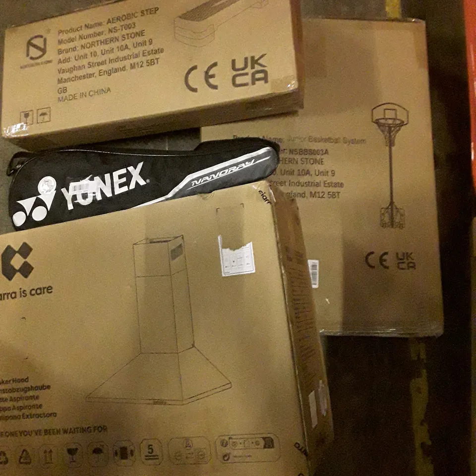 PALLET OF ASSORTED PRODUCTS INCLUDING BASKETBALL SYSTEM, AEROBIC STEP, BADMINTON RACKET, COOKER HOOD, TV WALL MOUNT, FORTNITE NERF GUN  