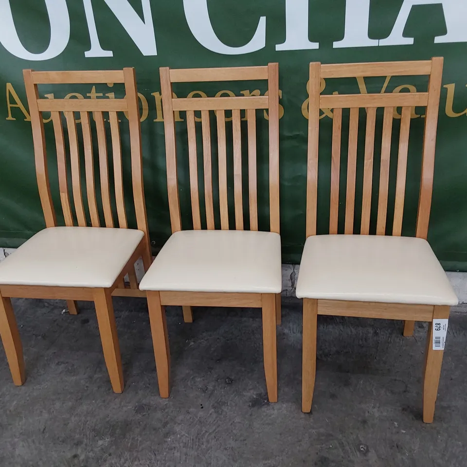 SET OF THREE NATURAL WOOD DINING CHAIRS CREAM PU SEATS