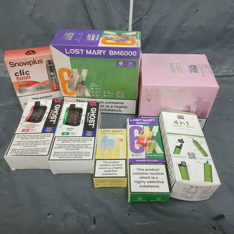 APPROXIMATELY 15 ASSORTED E-CIGARETTE PRODUCTS TO INCLUDE LOST MARY DISPOSABLE POD, LOST MARY BM6000, GHOST GALAXY, VNSN PEACH ICE