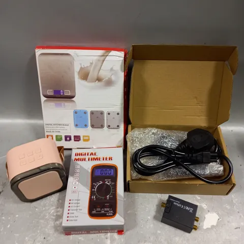 APPROXIMATELY 10 ASSORTED ELECTRICAL PRODUCTS TO INCLUDE DIGITAL KITCHEN SCALES, DIGITAL MULTIMETER, WIRELESS SPEAKER ETC