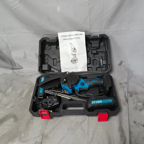 CORDLESS LITHIUM ELECTRIC CHAIN SAW β 21V MAX, IN PLASTIC CASE WITH BATTERY & CHARGER. USED