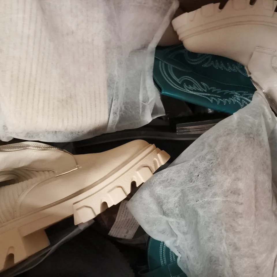 BOX OF APPROXIMATELY 20 ASSORTED PAIRS OF SHOES AND FOOTWEAR ITEMS IN VARIOUS COLOURS, STYLES, AND SIZES - COLLECTION ONLY