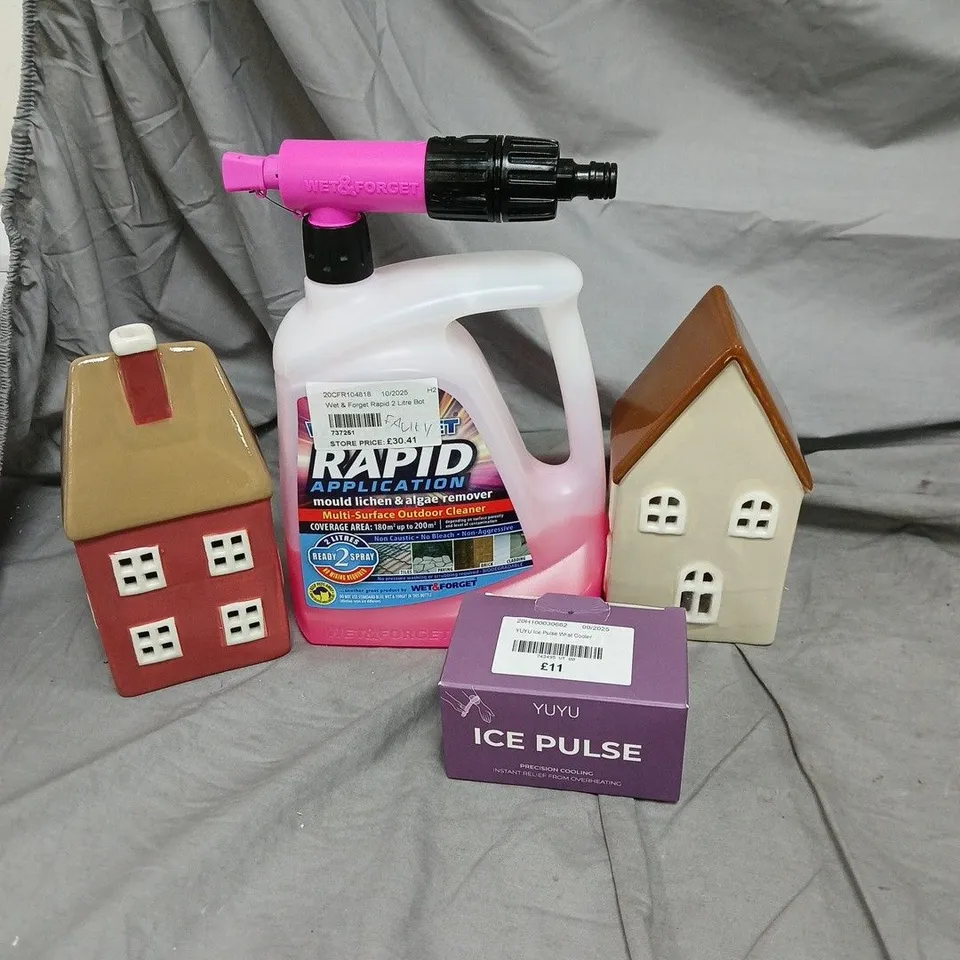 BOX OF APPROXIMATELY 10 HOUSEHOLD ITEMS TO INCLUDE PULSE WRIST COOLER, MOULD, LICHEN AND ALGAE REMOVER AND HOUSE ORNAMENTS