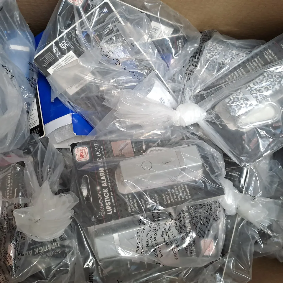 BOX OF APPROXIMATELY 20 ASSORTED HOUSEHOLD ITEMS TO INCLUDE LIPSTICK ALARM LED LIGHT, MAGNIFYING GLASS, ETC