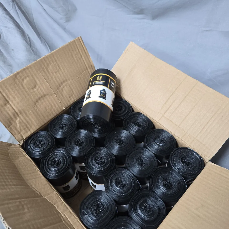 25 X RANACAN 50L BLACK BAGS (25 BAGS PER ROLL) BOXED