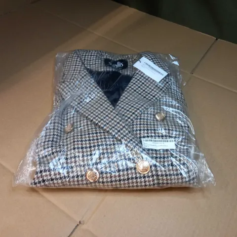 PACKAGED WALLIS STONE NEUTRAL CHECK DOUBLE BREASTED MILITARY BLAZER - SIZE 10