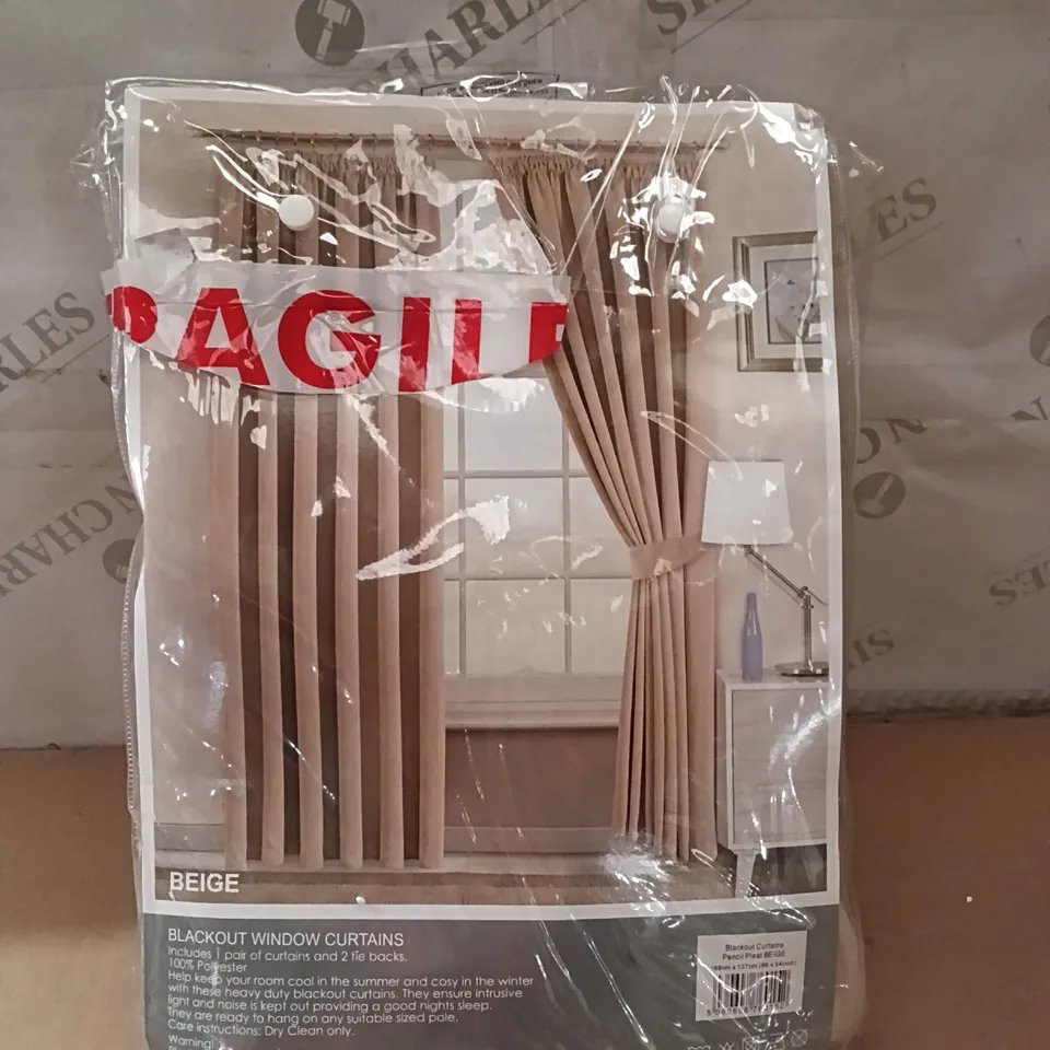 BAGGED BLACKOUT CURTAINS, PENCIL PLEAT, 168X137cm - BEIGE (1 BOX)